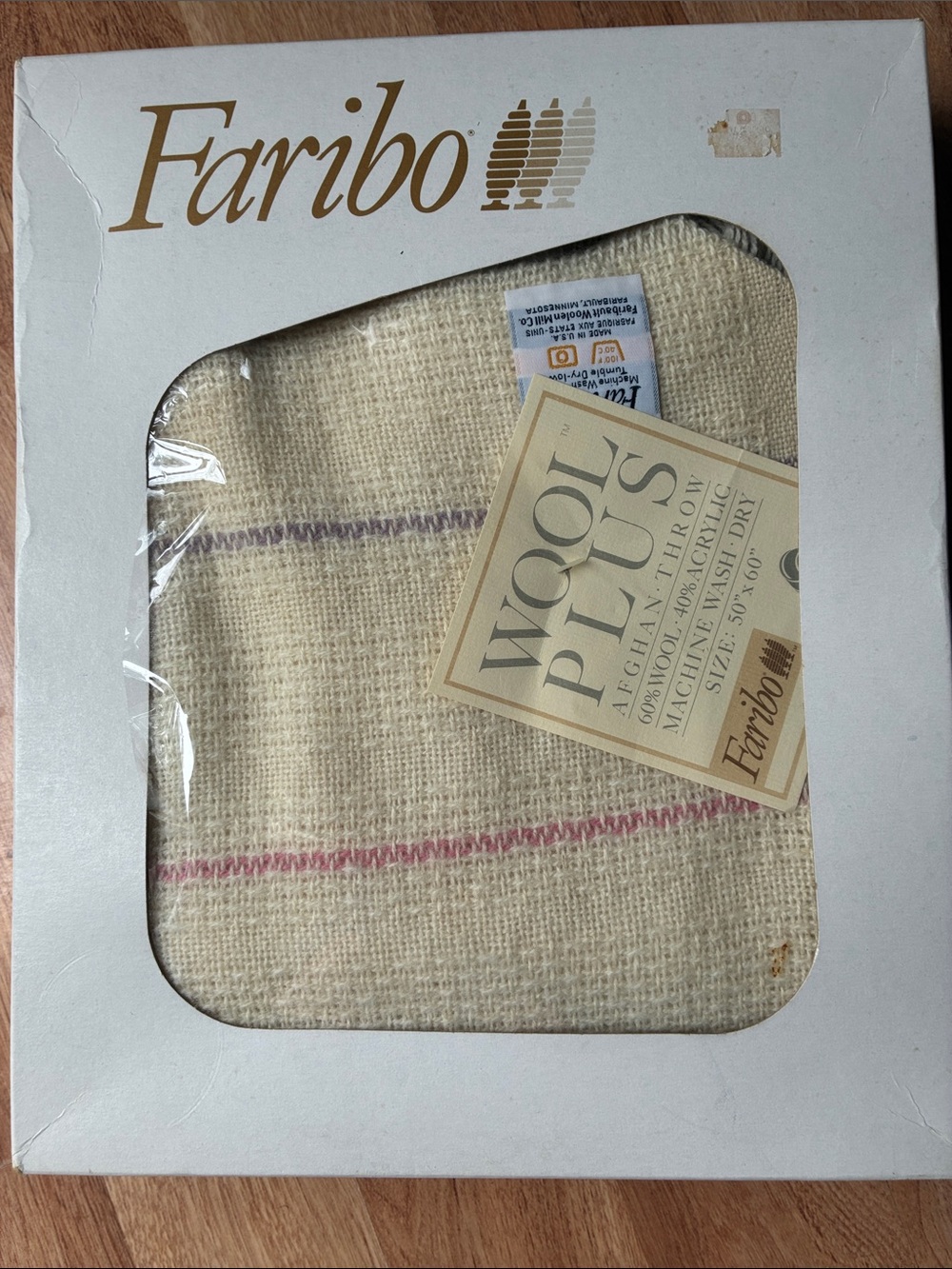 Faribo Wool Plus  blend Cream vintage Throw with Subtle Pastel Stripes new with